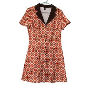 Shein 1960s Retro Style Floral Print Collared A-Line Short Sleeve Dress Large